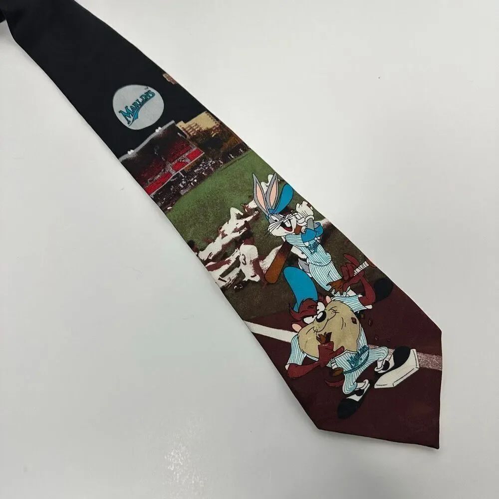 Vintage Looney Tunes Florida Marlins Taz and Bugs Bunny Silk Tie Toons Baseball